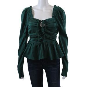 Six Fifty Womens Long Sleeve Smocked Rouched Detail Crop Top Green Size S